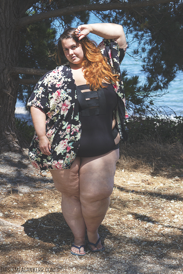 Plus Size Fashion Model in Floral Dress Outdoors, Beautiful Fat