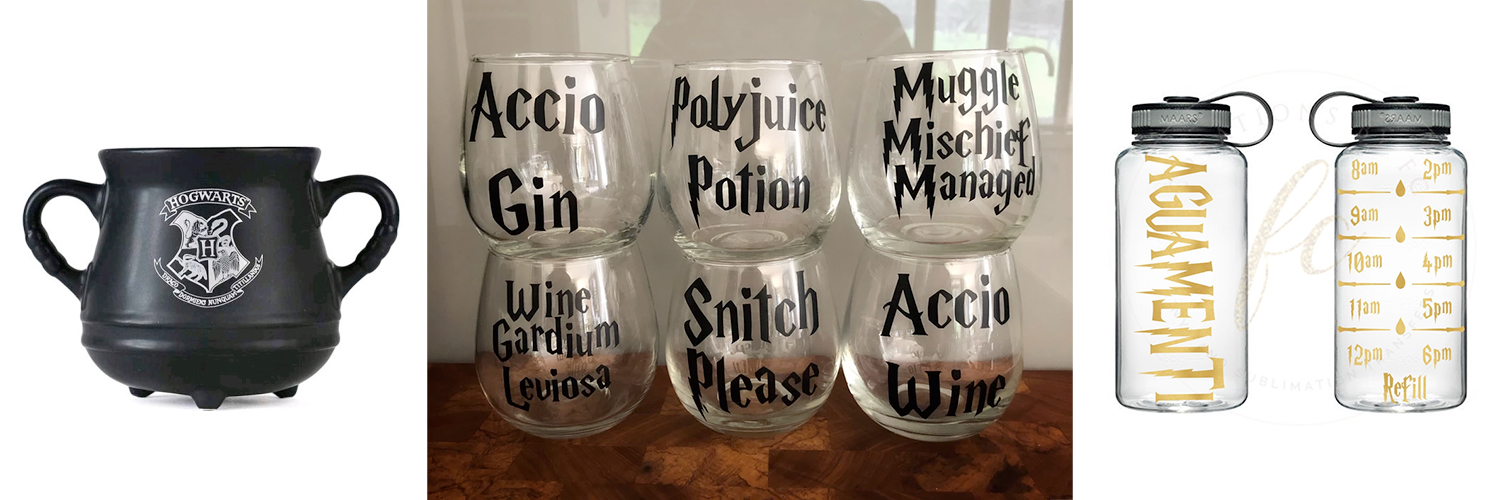 Hogwarts Cauldron Mug | HP Drinks Decals (Accio Gin, Polyjuice Potion, Muggle Mischief Managed, Wine Gardium Leviosa, Snitch Please, Accio Wine) | Aguamenti Water Bottle 